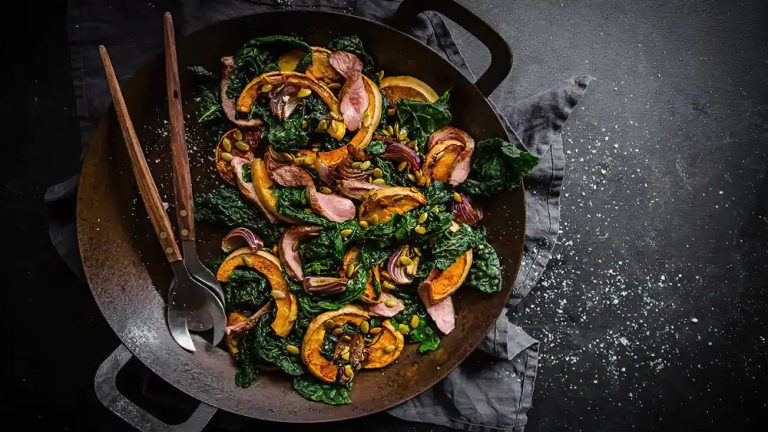 Receta ensalada de calabaza asada, col rizada y cordero
